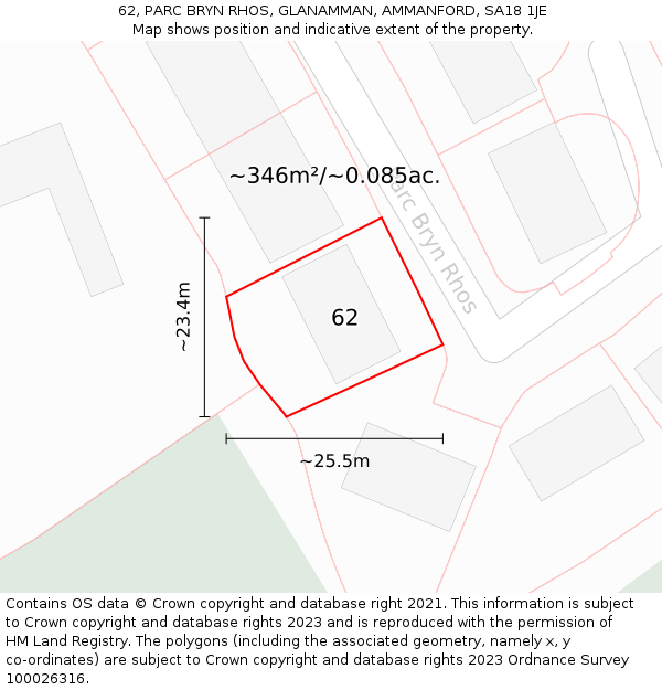 62, PARC BRYN RHOS, GLANAMMAN, AMMANFORD, SA18 1JE: Plot and title map