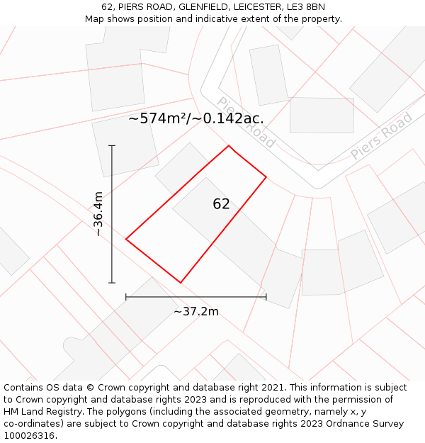 62, PIERS ROAD, GLENFIELD, LEICESTER, LE3 8BN: Plot and title map