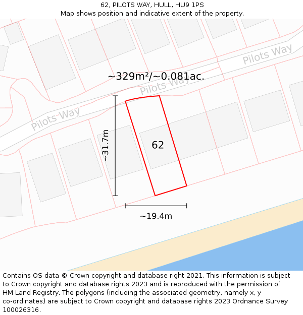 62, PILOTS WAY, HULL, HU9 1PS: Plot and title map