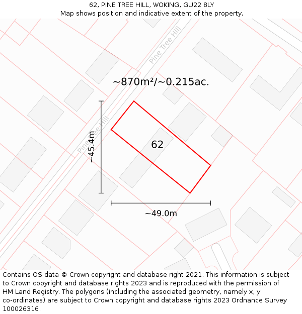 62, PINE TREE HILL, WOKING, GU22 8LY: Plot and title map