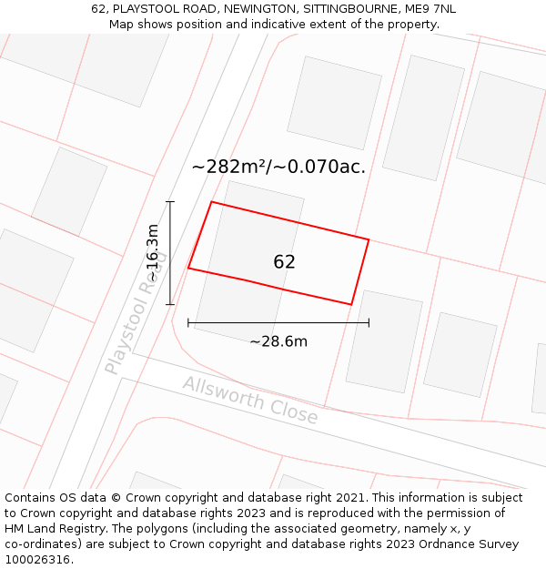 62, PLAYSTOOL ROAD, NEWINGTON, SITTINGBOURNE, ME9 7NL: Plot and title map