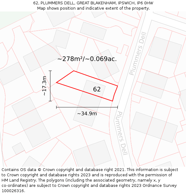 62, PLUMMERS DELL, GREAT BLAKENHAM, IPSWICH, IP6 0HW: Plot and title map