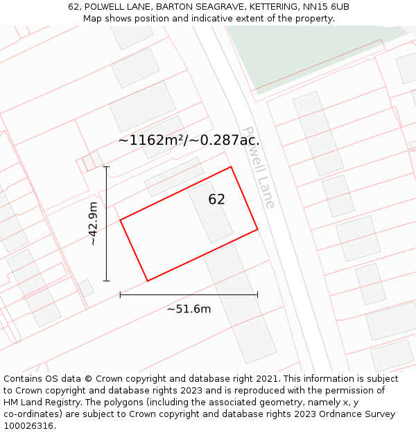 62, POLWELL LANE, BARTON SEAGRAVE, KETTERING, NN15 6UB: Plot and title map