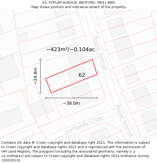 62, POPLAR AVENUE, BEDFORD, MK41 8BW: Plot and title map