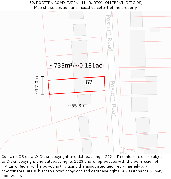 62, POSTERN ROAD, TATENHILL, BURTON-ON-TRENT, DE13 9SJ: Plot and title map