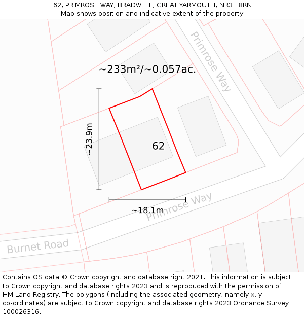 62, PRIMROSE WAY, BRADWELL, GREAT YARMOUTH, NR31 8RN: Plot and title map