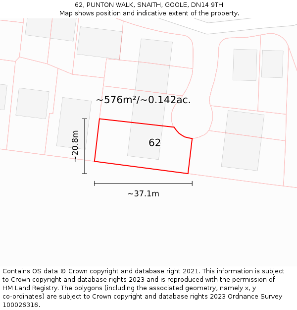 62, PUNTON WALK, SNAITH, GOOLE, DN14 9TH: Plot and title map
