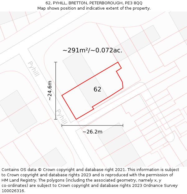 62, PYHILL, BRETTON, PETERBOROUGH, PE3 8QQ: Plot and title map