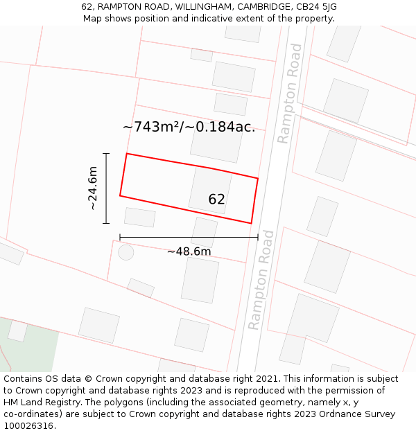 62, RAMPTON ROAD, WILLINGHAM, CAMBRIDGE, CB24 5JG: Plot and title map