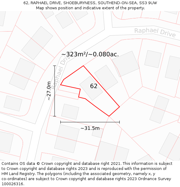 62, RAPHAEL DRIVE, SHOEBURYNESS, SOUTHEND-ON-SEA, SS3 9UW: Plot and title map