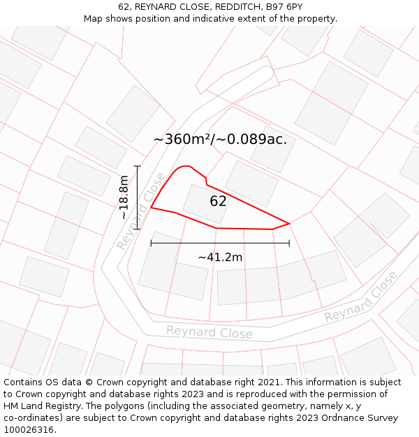 62, REYNARD CLOSE, REDDITCH, B97 6PY: Plot and title map