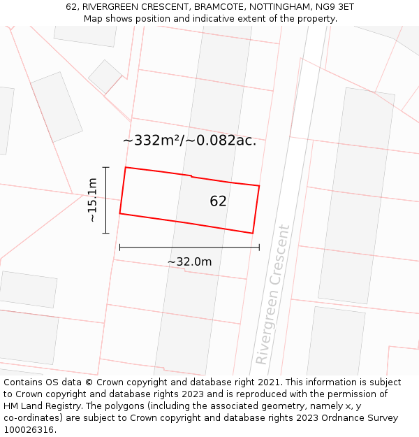 62, RIVERGREEN CRESCENT, BRAMCOTE, NOTTINGHAM, NG9 3ET: Plot and title map