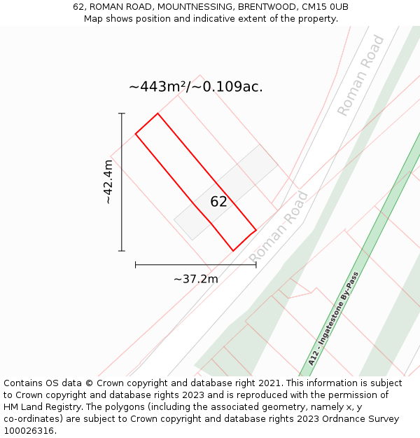 62, ROMAN ROAD, MOUNTNESSING, BRENTWOOD, CM15 0UB: Plot and title map