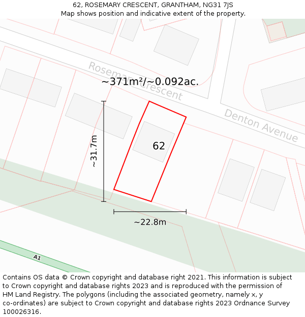 62, ROSEMARY CRESCENT, GRANTHAM, NG31 7JS: Plot and title map