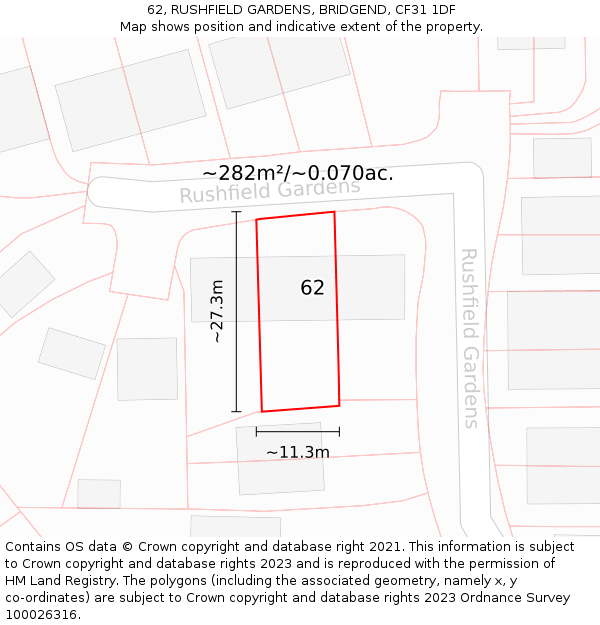 62, RUSHFIELD GARDENS, BRIDGEND, CF31 1DF: Plot and title map