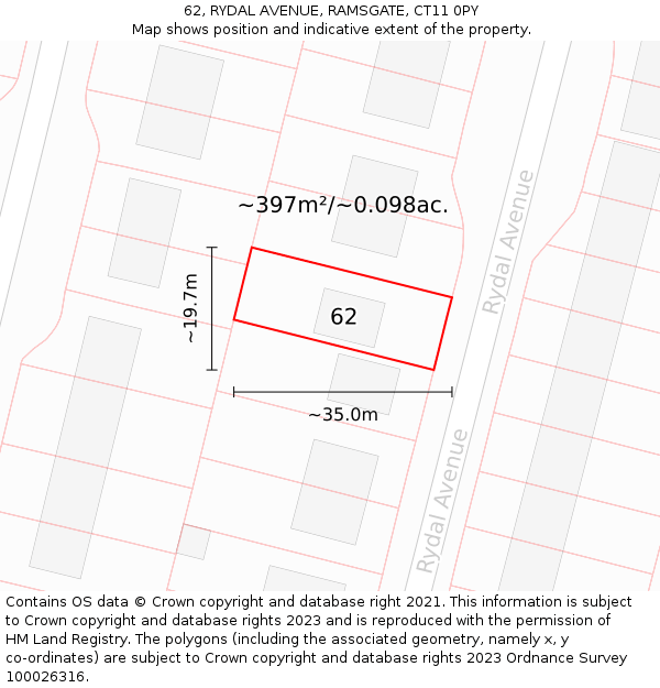 62, RYDAL AVENUE, RAMSGATE, CT11 0PY: Plot and title map
