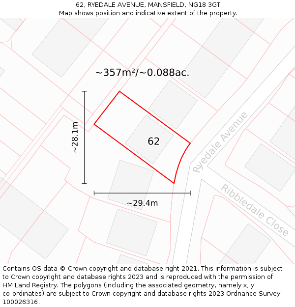 62, RYEDALE AVENUE, MANSFIELD, NG18 3GT: Plot and title map