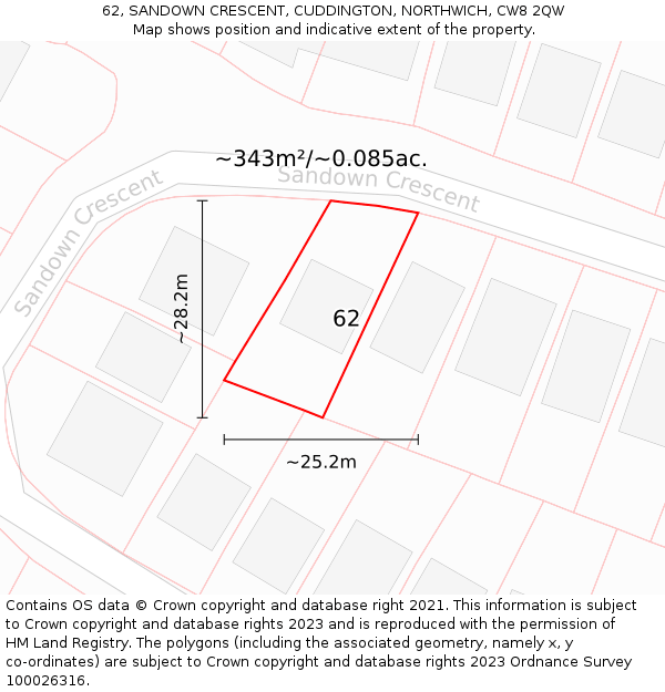 62, SANDOWN CRESCENT, CUDDINGTON, NORTHWICH, CW8 2QW: Plot and title map