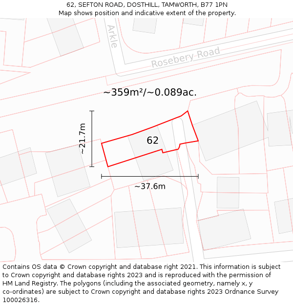 62, SEFTON ROAD, DOSTHILL, TAMWORTH, B77 1PN: Plot and title map