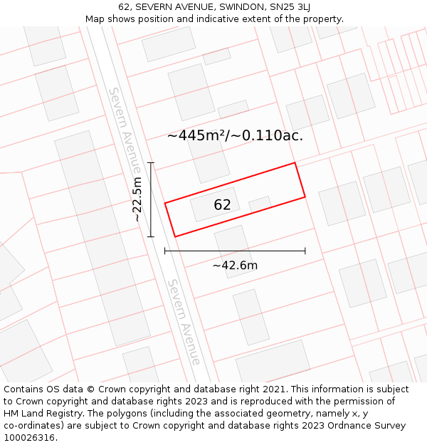 62, SEVERN AVENUE, SWINDON, SN25 3LJ: Plot and title map