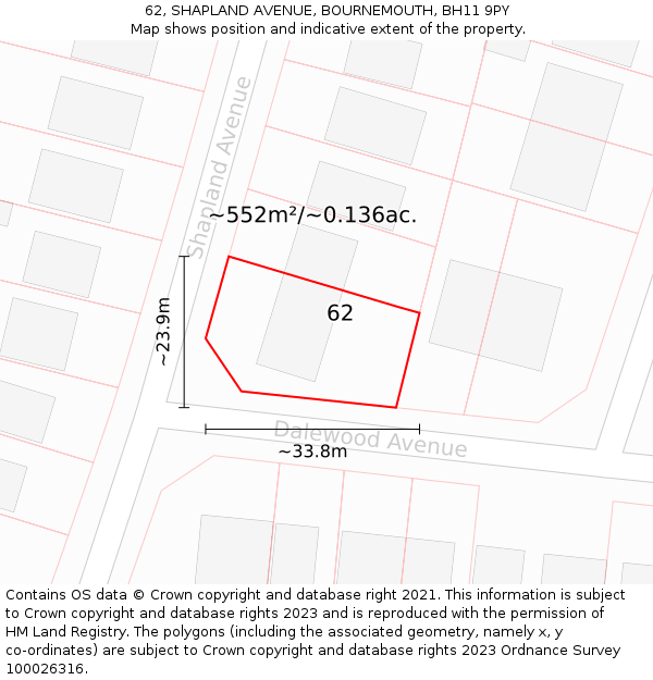 62, SHAPLAND AVENUE, BOURNEMOUTH, BH11 9PY: Plot and title map