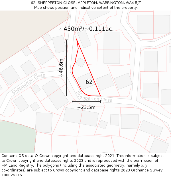 62, SHEPPERTON CLOSE, APPLETON, WARRINGTON, WA4 5JZ: Plot and title map