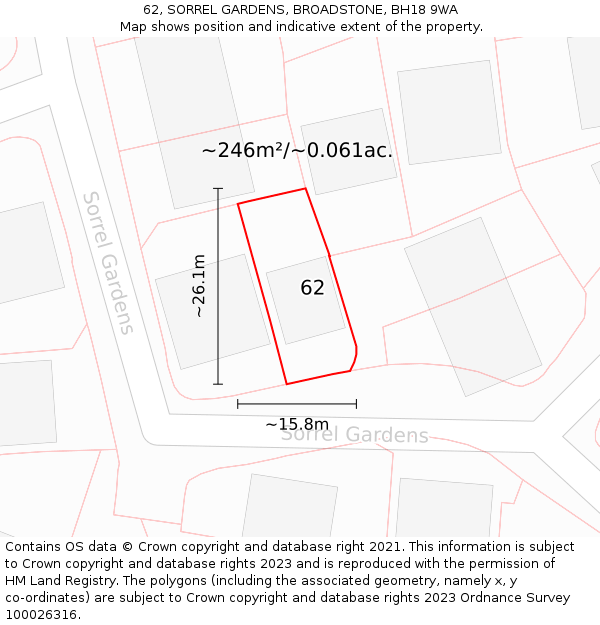 62, SORREL GARDENS, BROADSTONE, BH18 9WA: Plot and title map