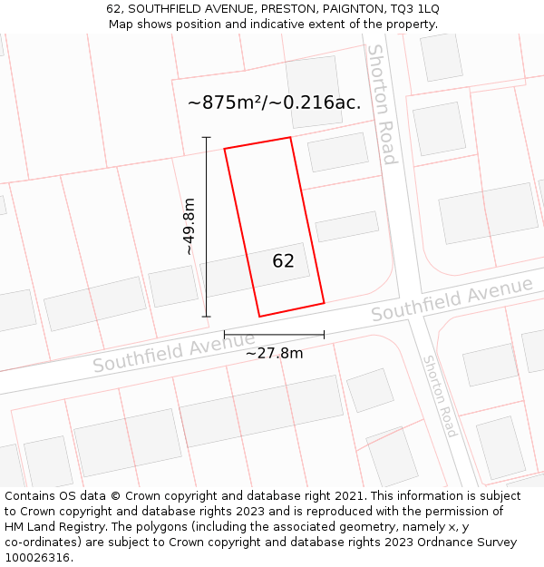 62, SOUTHFIELD AVENUE, PRESTON, PAIGNTON, TQ3 1LQ: Plot and title map