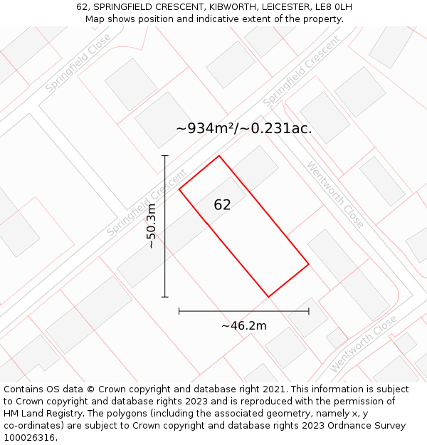 62, SPRINGFIELD CRESCENT, KIBWORTH, LEICESTER, LE8 0LH: Plot and title map
