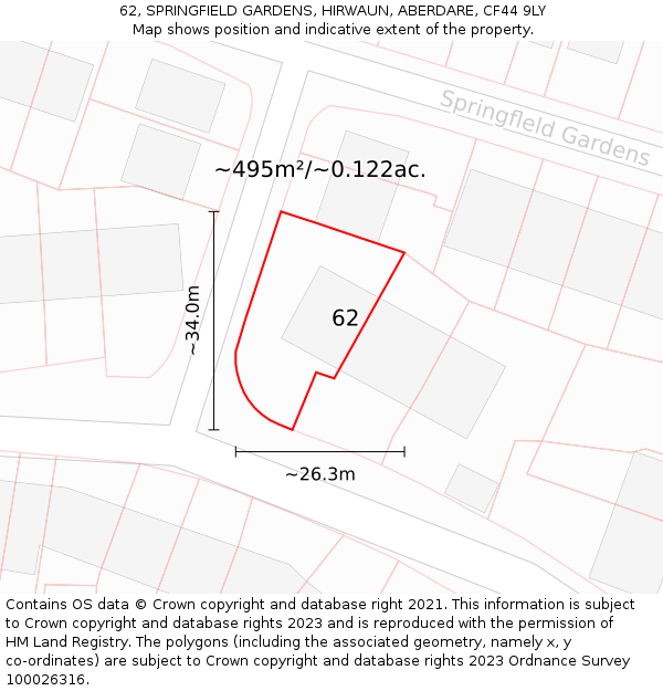 62, SPRINGFIELD GARDENS, HIRWAUN, ABERDARE, CF44 9LY: Plot and title map