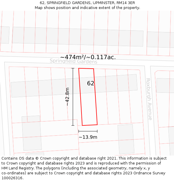 62, SPRINGFIELD GARDENS, UPMINSTER, RM14 3ER: Plot and title map