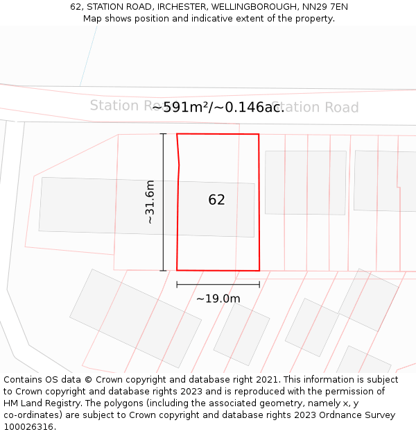 62, STATION ROAD, IRCHESTER, WELLINGBOROUGH, NN29 7EN: Plot and title map