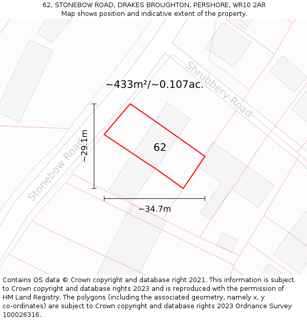 62, STONEBOW ROAD, DRAKES BROUGHTON, PERSHORE, WR10 2AR: Plot and title map