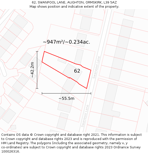 62, SWANPOOL LANE, AUGHTON, ORMSKIRK, L39 5AZ: Plot and title map
