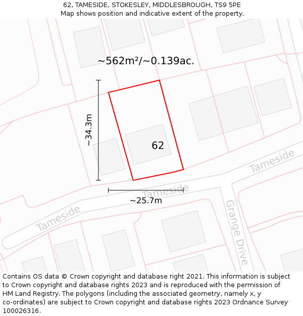 62, TAMESIDE, STOKESLEY, MIDDLESBROUGH, TS9 5PE: Plot and title map