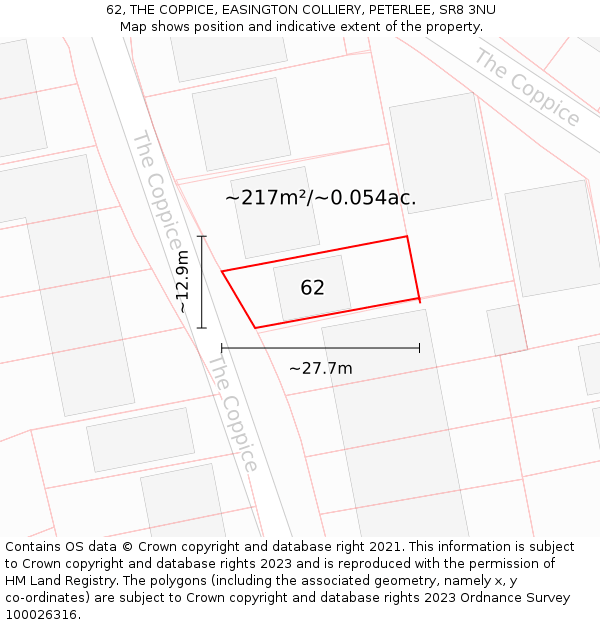 62, THE COPPICE, EASINGTON COLLIERY, PETERLEE, SR8 3NU: Plot and title map
