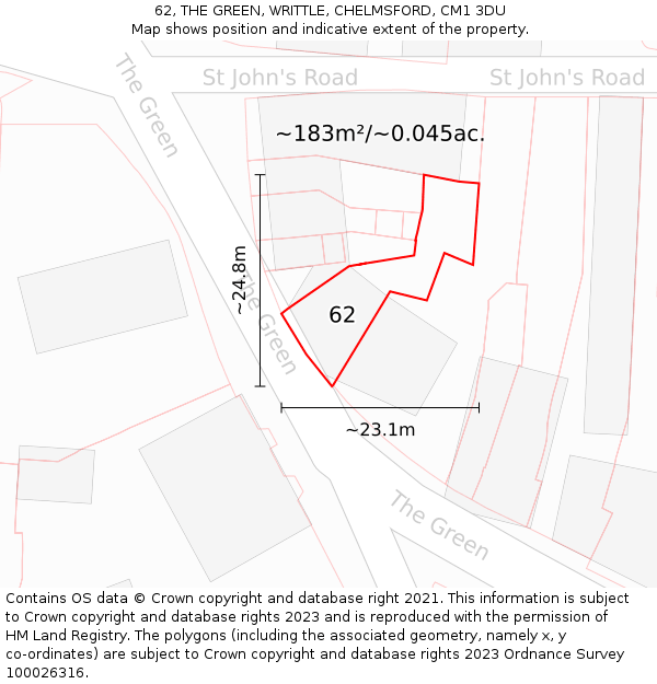 62, THE GREEN, WRITTLE, CHELMSFORD, CM1 3DU: Plot and title map