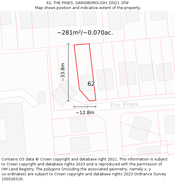 62, THE PINES, GAINSBOROUGH, DN21 1PW: Plot and title map