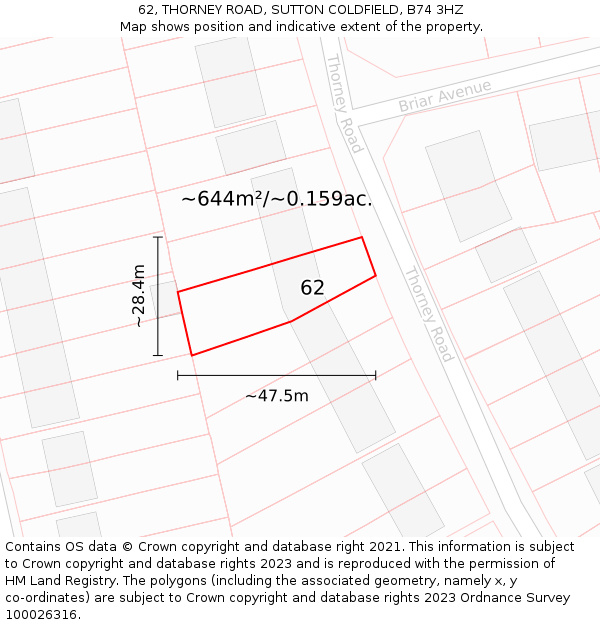 62, THORNEY ROAD, SUTTON COLDFIELD, B74 3HZ: Plot and title map