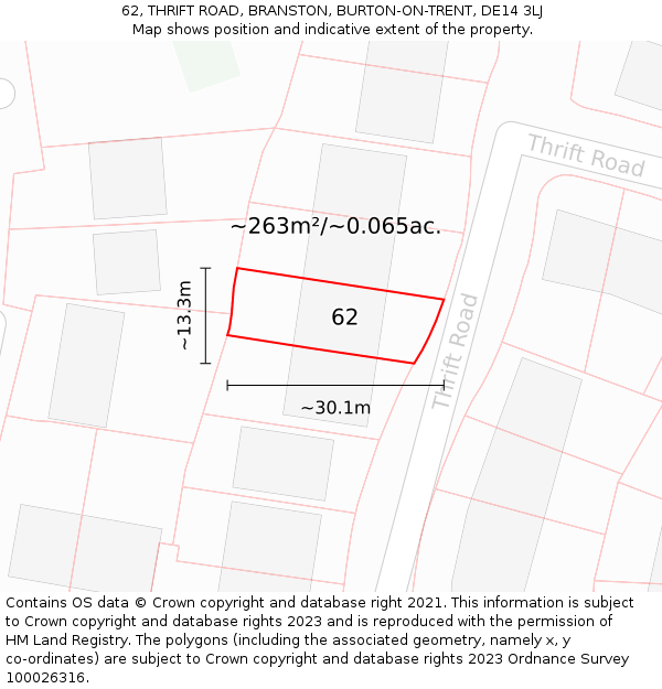62, THRIFT ROAD, BRANSTON, BURTON-ON-TRENT, DE14 3LJ: Plot and title map