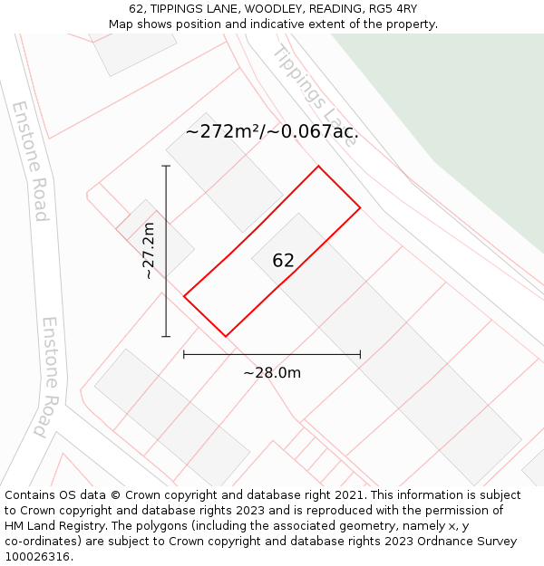 62, TIPPINGS LANE, WOODLEY, READING, RG5 4RY: Plot and title map