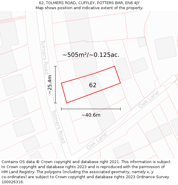 62, TOLMERS ROAD, CUFFLEY, POTTERS BAR, EN6 4JY: Plot and title map