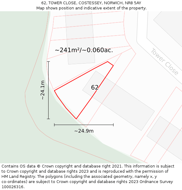 62, TOWER CLOSE, COSTESSEY, NORWICH, NR8 5AY: Plot and title map