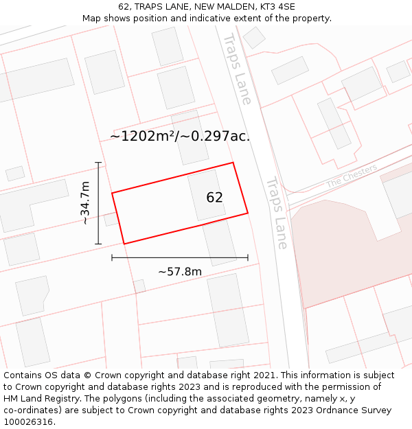 62, TRAPS LANE, NEW MALDEN, KT3 4SE: Plot and title map