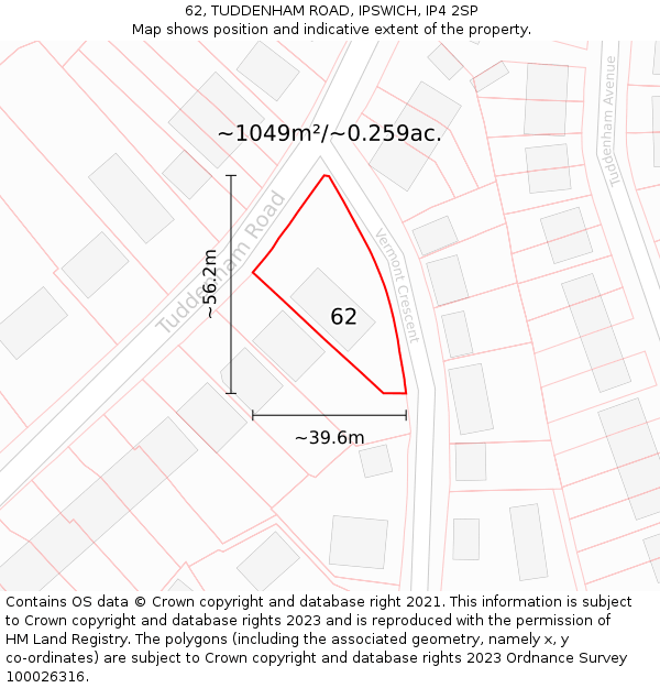 62, TUDDENHAM ROAD, IPSWICH, IP4 2SP: Plot and title map