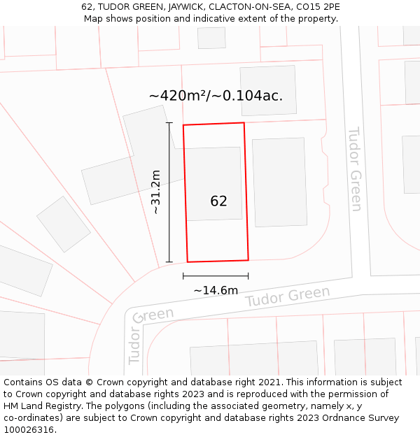 62, TUDOR GREEN, JAYWICK, CLACTON-ON-SEA, CO15 2PE: Plot and title map