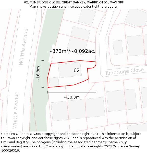 62, TUNBRIDGE CLOSE, GREAT SANKEY, WARRINGTON, WA5 3RF: Plot and title map