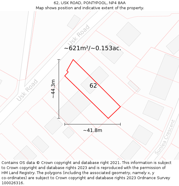 62, USK ROAD, PONTYPOOL, NP4 8AA: Plot and title map