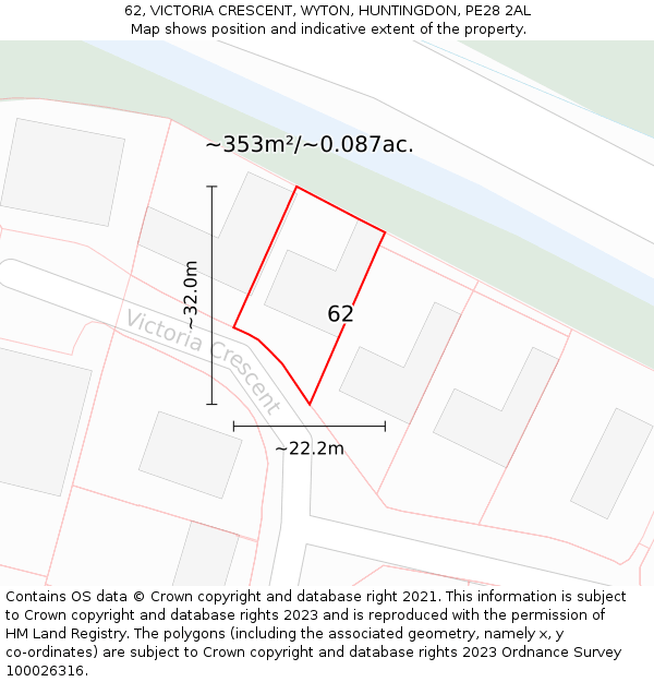 62, VICTORIA CRESCENT, WYTON, HUNTINGDON, PE28 2AL: Plot and title map