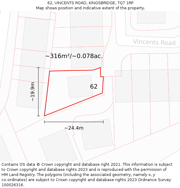 62, VINCENTS ROAD, KINGSBRIDGE, TQ7 1RP: Plot and title map